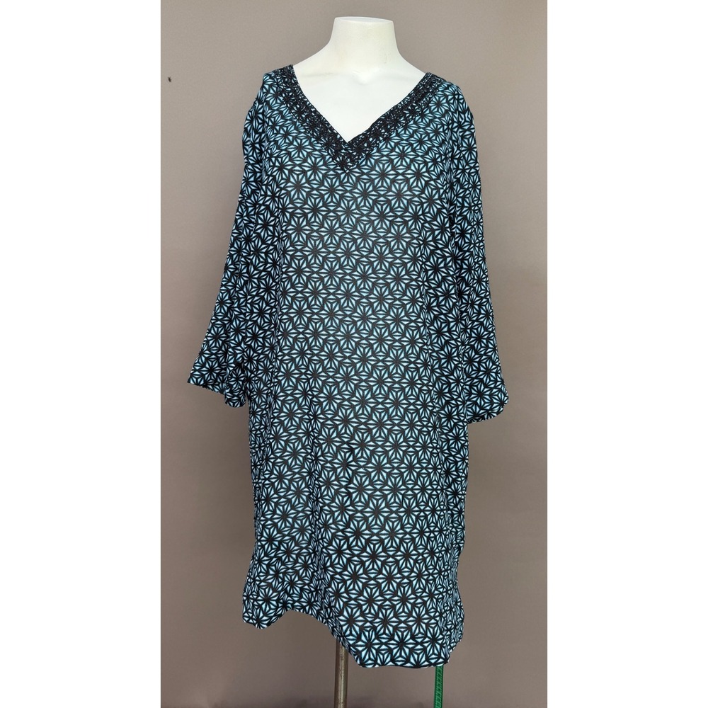 Lands End XL Blue Geometric Cotton V-Neck Kaftan Beach Cover Up Tunic Dress 18 - Picture 13 of 14